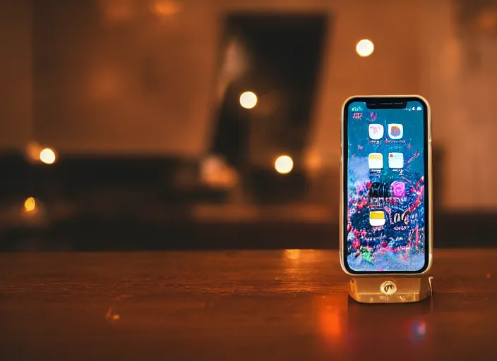 Image similar to photo still of an iphone with decoration from the year 1 9 0 1, in a room from 1 9 0 1, 8 k, studio lighting bright ambient lighting key light, 8 5 mm f 1. 8