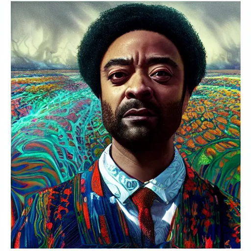 Image similar to portrait of chiwetel ejiofor, hyper detailed masterpiece, neon floral pattern, jean giraud, digital art painting, darkwave goth aesthetic, psychedelic, artgerm, donato giancola and tom bagshaw