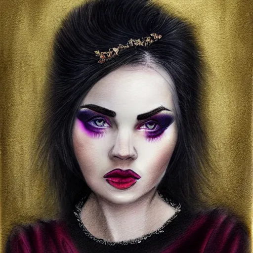 Prompt: beautiful grumpy girl, portrait, ice magic, dark hair and makeup, hand drawing, colour