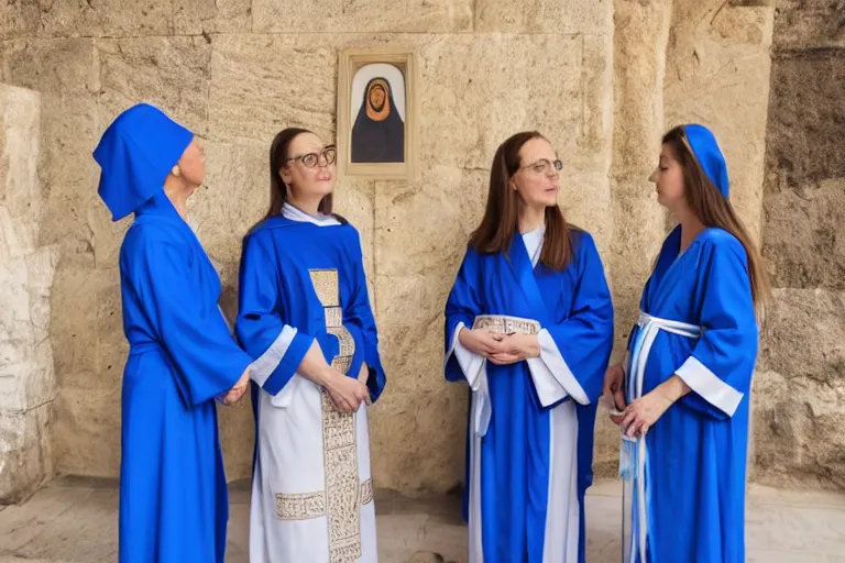 Image similar to photo of 3 women at the tomb of jesus, blue robes, golden triangle composition