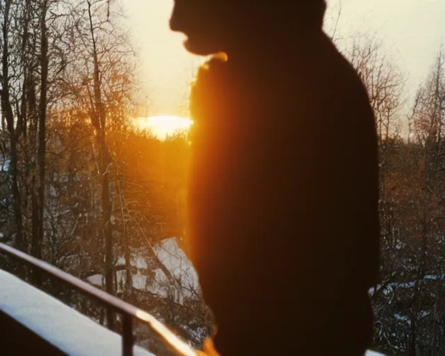 Image similar to award - winning lomographic tarkovsky film still of 4 0 years russian man with beard and sweater standing on small hrushevka 9 th floor balcony in taiga looking at sunset, kodak ektar, bokeh