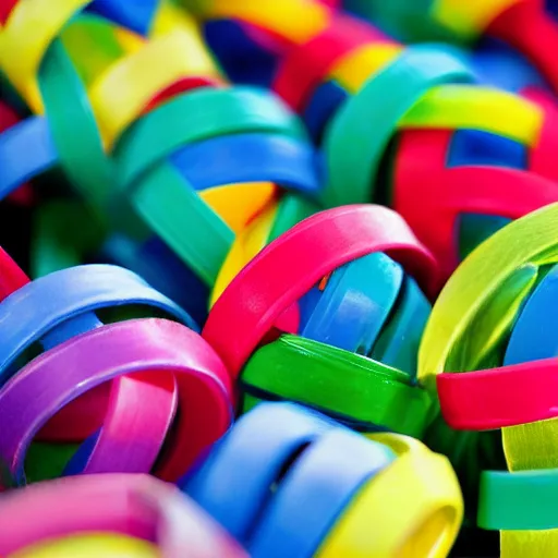 Prompt: photo of a colorful rubber band ball