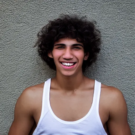 Image similar to close - up portrait photograph of a teenage latino male with brown eyes, light skin, a long italian nose, a big smile, curly medium length black hair, highly detailed, anatomically correct features,