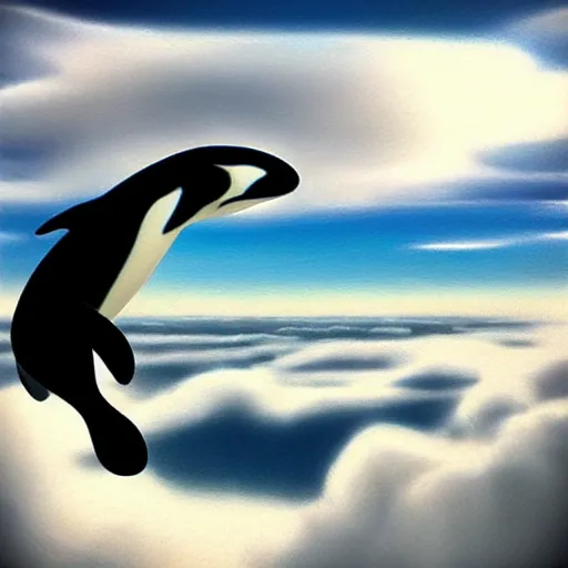 Image similar to photo of !dream “An orca jumping out of a sea of clouds”