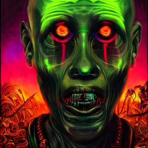 Image similar to a death tarot featuring a haitian voodoo priest with menacing eyes, blacklight neon colors, by anton semenov and android jones in cyberpunk voodoo style, oil on canvas, 8k