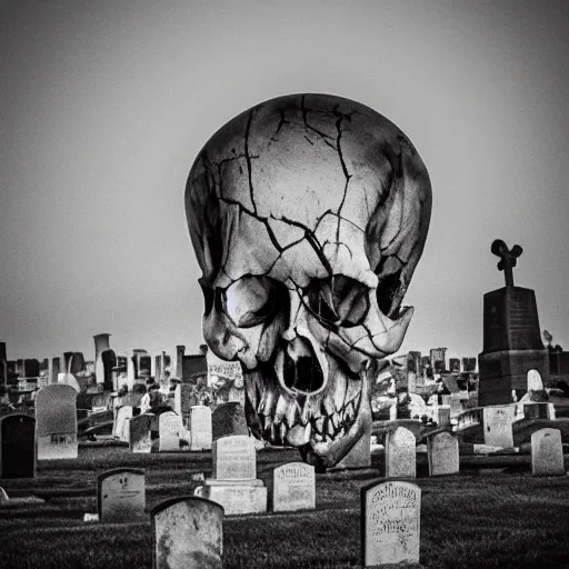 Image similar to giant skull hovering over graveyard, realistic shattered human skull, nighttime award winning photography