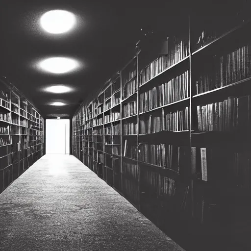 Image similar to a gloomy shadowy midnight crypt room full of darkness with bookshelves. contrast:5, brightness:0