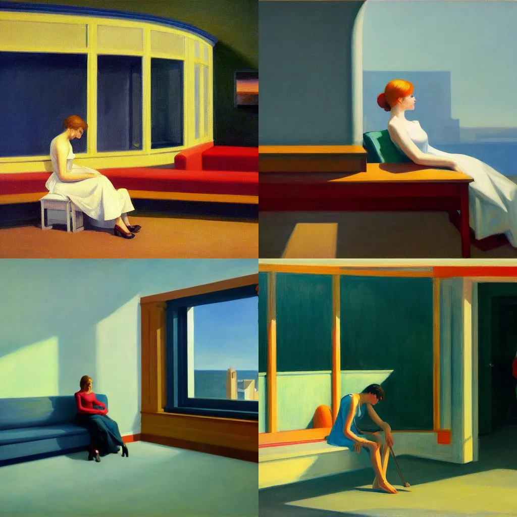 Prompt: Good Morning, conceptual philosophical painting by Edward Hopper, trending on ArtStation, masterpiece, artgem, 8K, super-resolution,