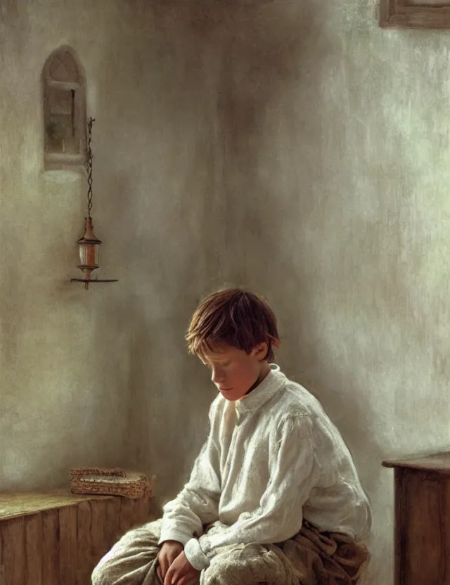 Prompt: peasant boy praying in country house, cottage core, cinematic focus, polaroid photo bleached vintage pastel colors high - key lighting, soft lights, foggy, by steve hanks, by lisa yuskavage, by serov valentin, by tarkovsky, detailed, oil on canvas