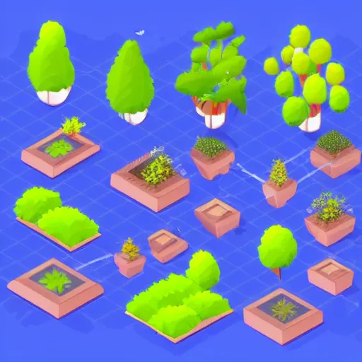 Image similar to beautiful isometric garden, trees and plants, futuristic, ideal