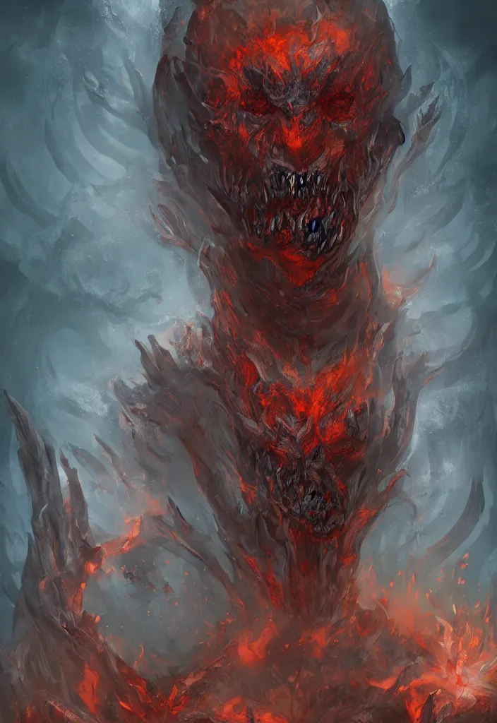 Image similar to a portrait of a gigantic meduss as a demon in a fiery hell, eerie, dark, magical, fantasy, trending on artstation, digital art.