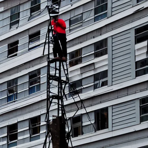 Image similar to a man trying to write the word the on top of a building in stilts