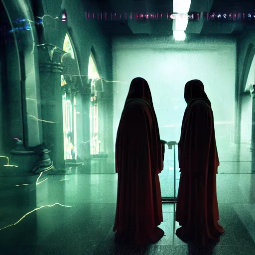 Image similar to electric warrior monks, robed, cyberpunk cathedral, special effects, neon, cyberpunk, realistic, cinematic style, visually stunning, 35mm, film post process