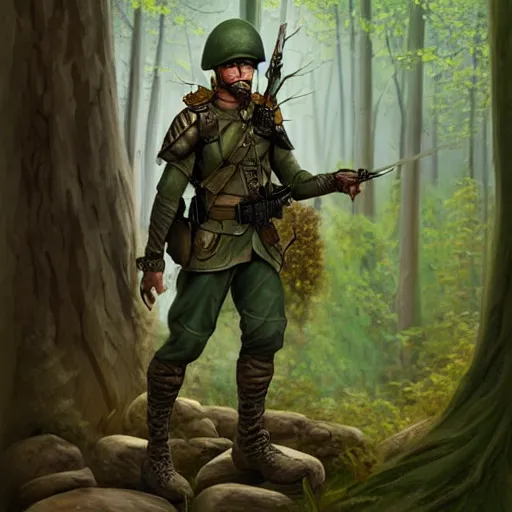 Image similar to male soldier in the forest, by annie leibowitz!!!, D&D, fantasy, intricate, elegant, highly detailed, digital painting, artstation, concept art, matte, sharp focus, illustration