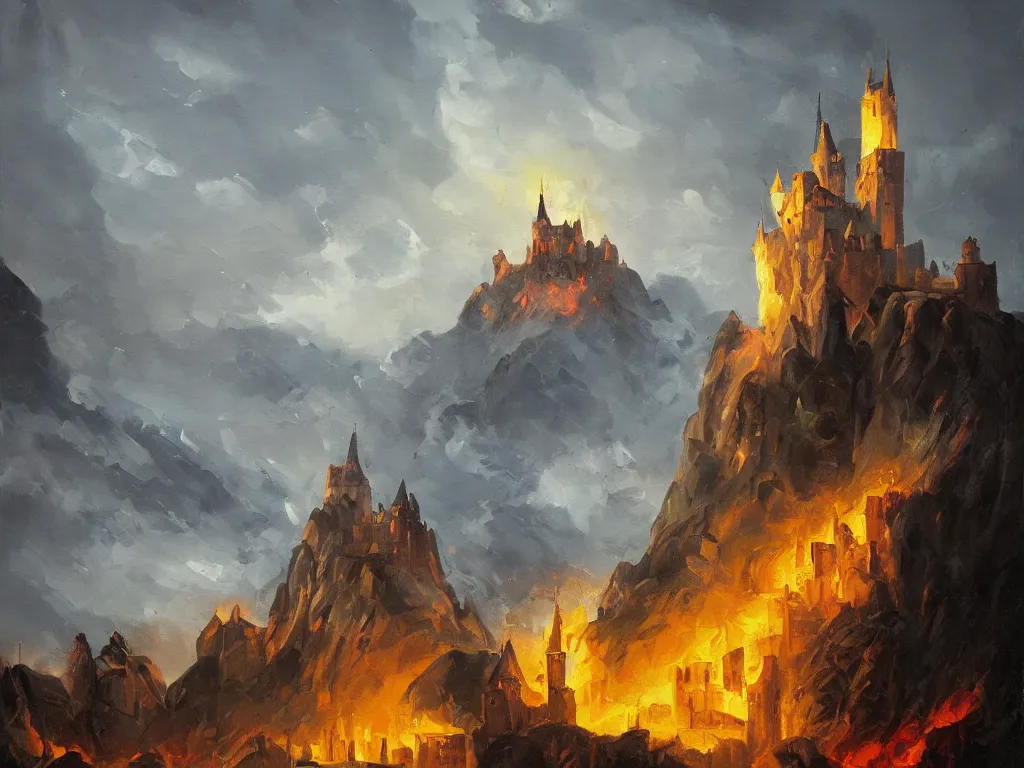 Prompt: modern stylized oil painting of medieval castle on mountain, fire, american romanticism by goya, bright art, cinematic dramatic lighting