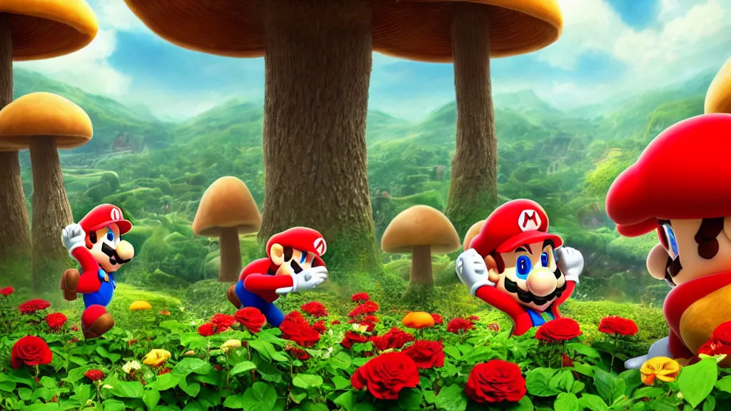 Prompt: mario stomping a goomba in the mushroom kingdom near the castle, exotic flora, giant roses, thousands of flowers, fantasy artwork, very very very beautiful scenery, hd, hdr, ue 5, ue 6, unreal engine 5, cinematic 4 k wallpaper, 8 k, ultra detailed, high resolution, artstation, award winning