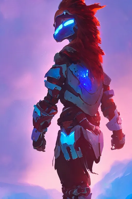 Image similar to combination suit armor aloy horizon forbidden west horizon zero dawn radiating a glowing aura global illumination ray tracing hdr fanart arstation by ian pesty and alena aenami artworks in 4 k tribal robot ninja mask helmet backpack