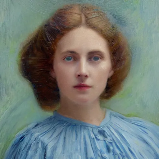 Image similar to portrait painting of a lady in a light blue dress 1 9 0 0 s entire face shown in great detail, garden, photorealistic, extreme detail, sharp focus, 8 k, intricate, hyper detailed, realistic, cinematic lighting