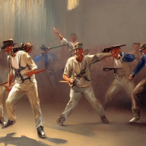 Image similar to ! dream highly detailed painting of swat raid dancing on stage at a school talent show by william turner, by greg rutkowski, by william constable, thick brush strokes and visible paint layers, 4 k resolution