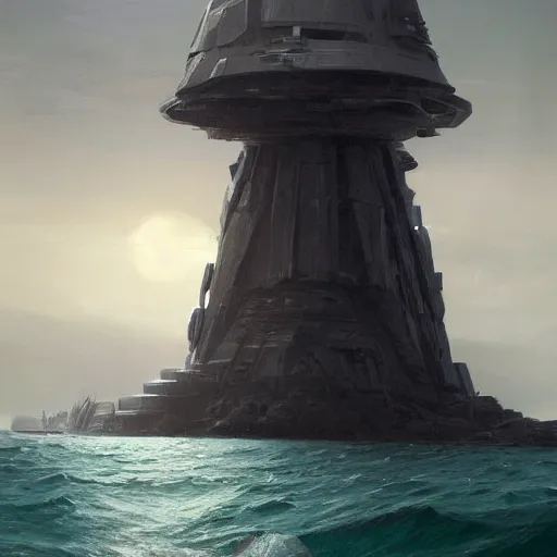 Image similar to star wars concept art by greg rutkowski, a palatial and imposing tall god humanoid back view of pyramid tech tower emerging from the sea in the middle of a ocean landscape, enigmatic atmosphere, beautiful and cinematic lighting, artstation hq.