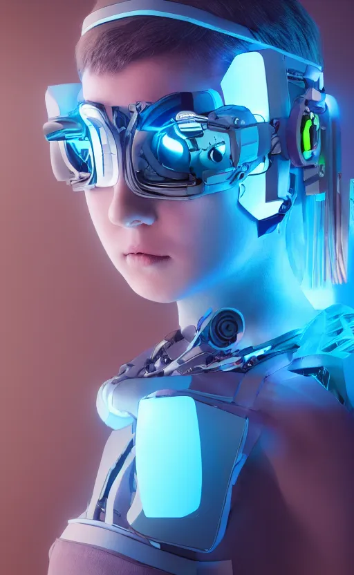 Image similar to a beautiful!! photo of a bionic!! teenager!!, cyberpunk, augmented vision, electronic components, volumetric light, photography, extremely detailed, photorealistic!, stunning, digital art trending on artstation, orange, cyan, washed out colors