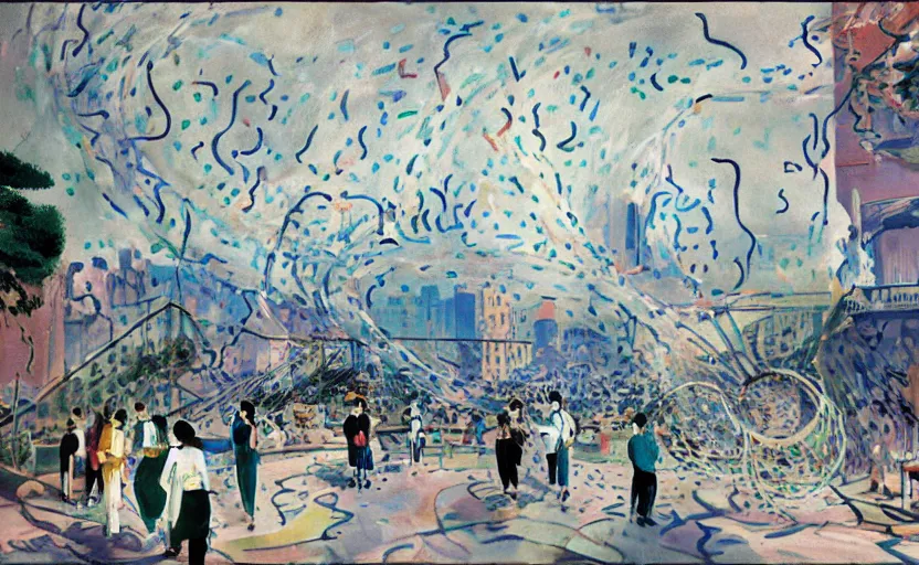 Image similar to people with posters and a huge spiral - shaped white luminous attractor is floating on the horizon near chinese street, concept art, art for the game, professional lighting, by henri matisse