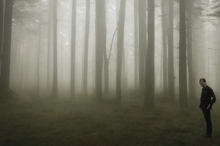 Image similar to a cinematic headshot portrait of a male scientist, in a spooky forest, fog, portrait, portrait, portrait, shrubbery, 8 k, detailed, backlight, deep focus, movie still, moody lighting, by werner herzog