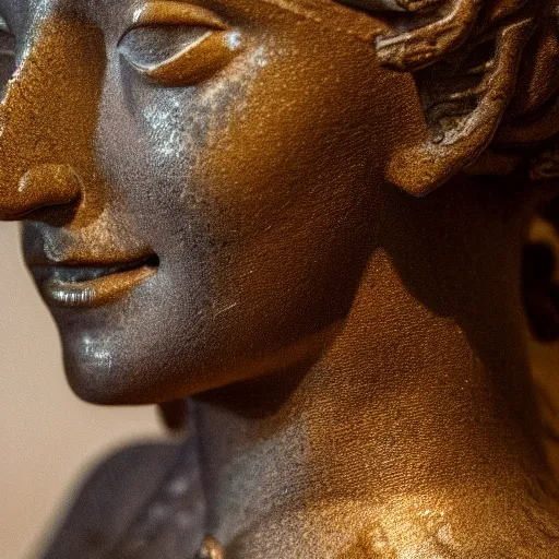 Image similar to detailed photo of an old bronze patina statue of a woman head and shoulder portrait, intricate detail, museum diffuse lighting