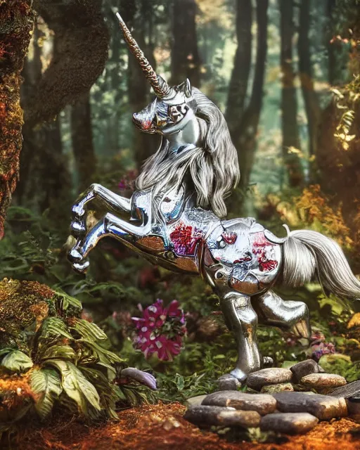 Image similar to highly detailed closeup of a tin toy unicorn in a fairytale forest, depth of field, fashion photoshoot by hyung tae, frank frazetta, bosch, giger, breathtaking, detailed and intricate environment, 8 k resolution, hyperrealistic, octane render