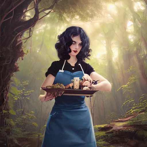 Image similar to a portrait of a 1 9 6 0 s woman with curly black hair and blue eyes, and an apron in the forest, dynamic lighting, fantasy concept art, trending on art station, stunning visuals, cinematic, ultra detailed