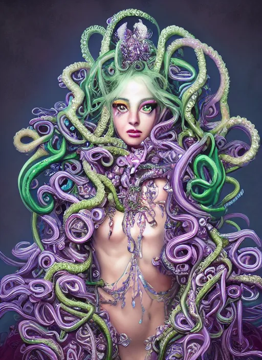 Image similar to A full body shot of a cute and mischievous monster princess made of tentacles wearing an ornate ball gown covered in jewels. Fancy Dress. Subsurface Scattering. Translucent Skin. Rainbow palette. rainbowcore. Eldritch Beauty. defined facial features, symmetrical facial features. Opalescent surface. beautiful lighting. By Giger and Ruan Jia and Artgerm and WLOP and William-Adolphe Bouguereau. Photo real. Hyper-real. Photorealism. Fantasy Illustration. Sailor Moon hair. Masterpiece. trending on artstation, featured on pixiv, award winning, cinematic composition, dramatic pose, sharp, details, Hyper-detailed, HD, HDR, 4K, 8K.