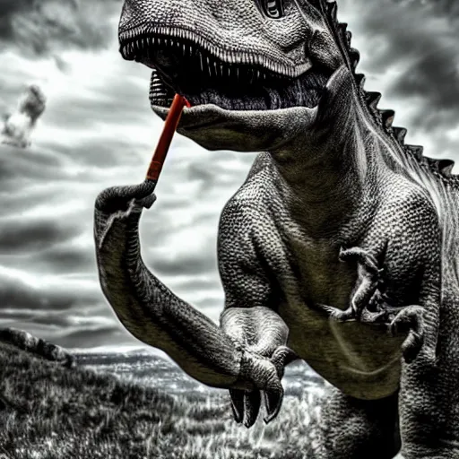 Image similar to dinosaur smoking a cigarette in their mouth realistic hdr professional shot