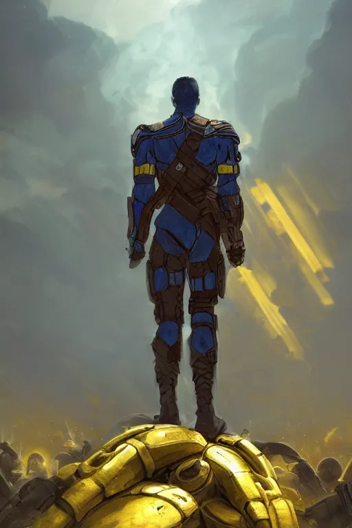 Image similar to a distant shot of a super soldier with blue and yellow flag and standing alone on a huge pile of human skulls as a winner, masculine figure, D&D, fantasy, bright hopeful atmosphere, volumetric lights, beam of bright light through the clouds, intricate, elegant, highly detailed, extremely detailed, digital painting, artstation, concept art, matte, smooth, sharp focus, hyper realistic, illustration, art by Artgerm and Greg Rutkowski and Alphonse Mucha