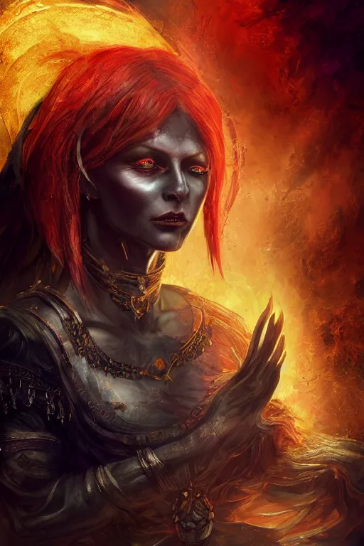 Prompt: fantasy character concept portrait, digital painting, wallpaper of gothic seer, cosmic colors, with skin of obsidian, with veins of magma and gold, renaissance nimbus overhead, by aleksi briclot, by laura zalenga, by alexander holllow fedosav, 8 k dop dof hdr, vibrant