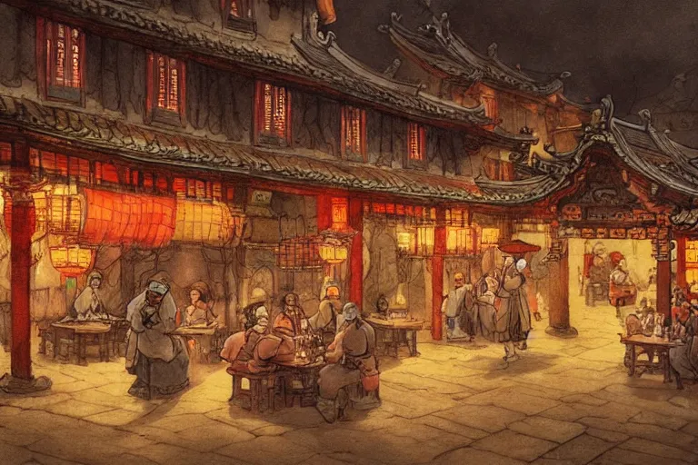 Prompt: fantasy art of a bustling tavern in china, at night, by anton pieck, highly detailed digital art, trending on artstation