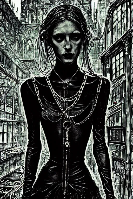 Prompt: dreamy gothic girl, black leather slim clothes, chains, factory tools, dark details, detailed acrylic, grunge, intricate complexity, by dan mumford and by alberto giacometti, peter lindbergh