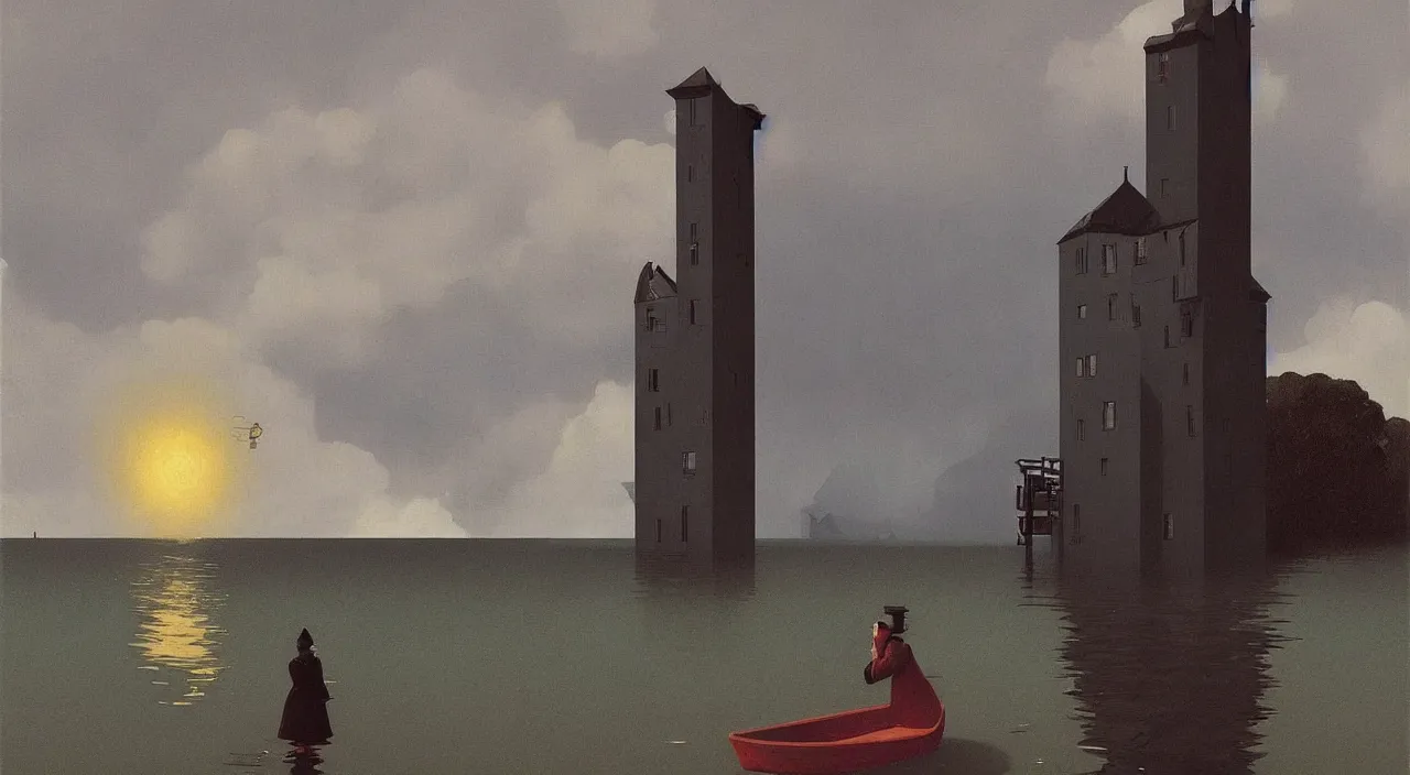 Prompt: single flooded simple black wooden tower, very coherent and colorful high contrast!! masterpiece by rene magritte simon stalenhag carl spitzweg syd mead norman rockwell edward hopper james gilleard, minimalist, dark shadows, sunny day, hard lighting