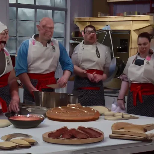 Prompt: Klingons cooking in a baking competition, still from The Great British Baking Show