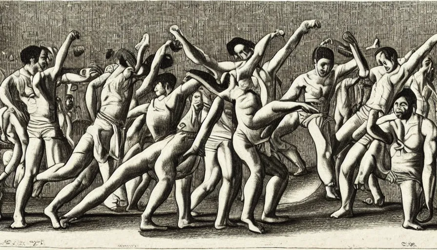 Prompt: capoeira, engraving by escher