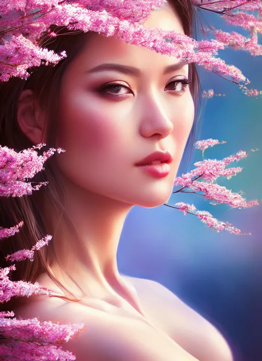 Image similar to photo of a gorgeous female in the style of stefan kostic, realistic, half body shot, sharp focus, 8 k high definition, insanely detailed, intricate, elegant, art by stanley lau and artgerm, extreme blur cherry blossoms background