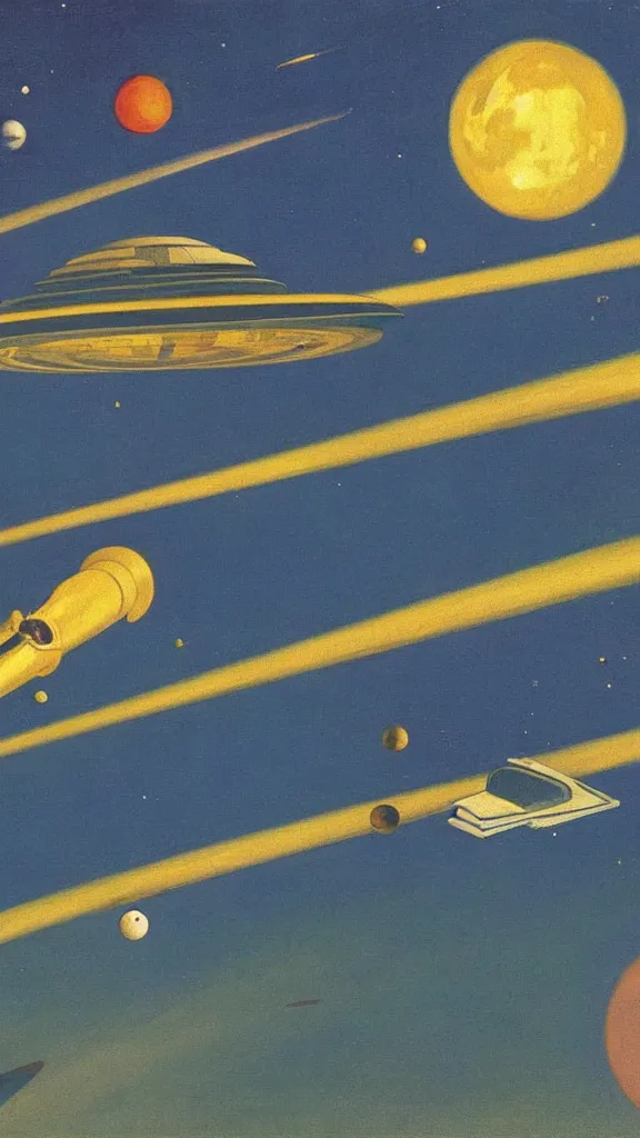 Prompt: a spaceship flying through a solar system, 1950s art deco, retrofuturism, edward hopper