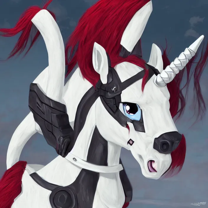 Image similar to Fallout Equestria Project Horizons | Blackjack Character Fanart | White MLP Unicorn Mare with red and black shaggy hair, and bright, robotic eyes. | Trending on ArtStation, Digital Art, MLP Fanart, Fallout Fanart | Hyperrealistic CGI Photorealistic Cyborg Unicorn