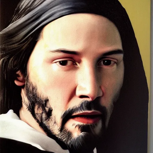 Image similar to portrait of Keanu Reeves, Johannes Vermeer, beautiful, high resolution,