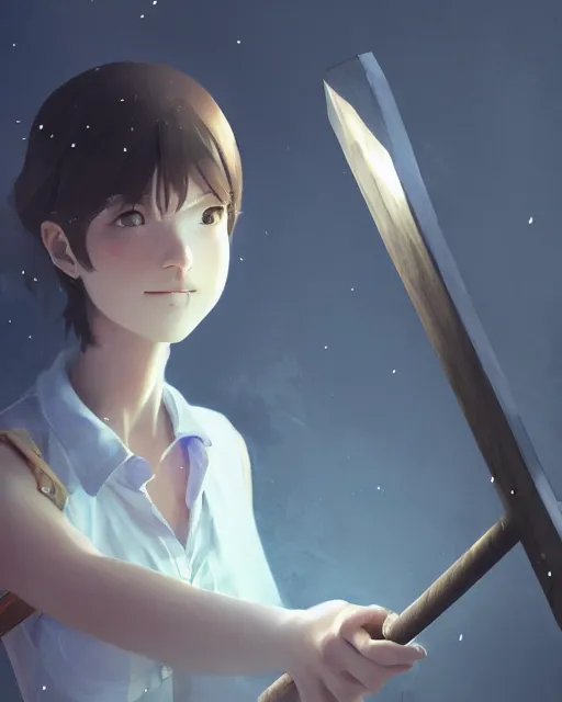 Image similar to a girl holding a pickaxe and covered in smog in a coal mine, atmospheric lighting, detailed body and face, by makoto shinkai, stanley artgerm lau, wlop, rossdraws