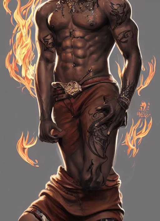 Image similar to a highly detailed illustration of attractive young african guy with flat top hair, with flaming tattoos, dramatic standing pose, intricate, elegant, highly detailed, centered, digital painting, artstation, concept art, smooth, sharp focus, league of legends concept art, wlop