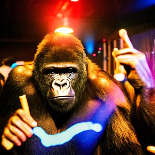 Image similar to gorilla dj dance party in a club listening to bustah rhymes holding a cigar, high quality, high definition, photo realistic, dance lights