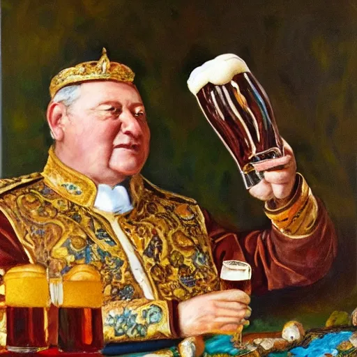 Prompt: A detailed oil painting of a majestic emperor toasting with a large beer mug by John Parrot and Robert Lefevre