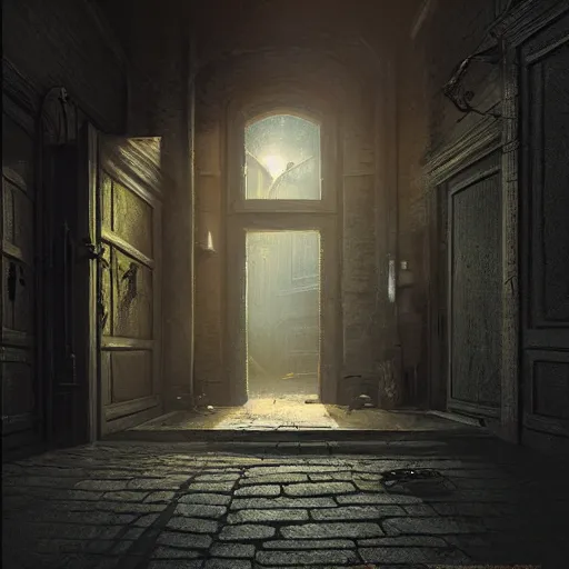 Prompt: a detailed matte painting of a nightscene with a dark alley at the end an illuminated door in the style of greg rutkowski