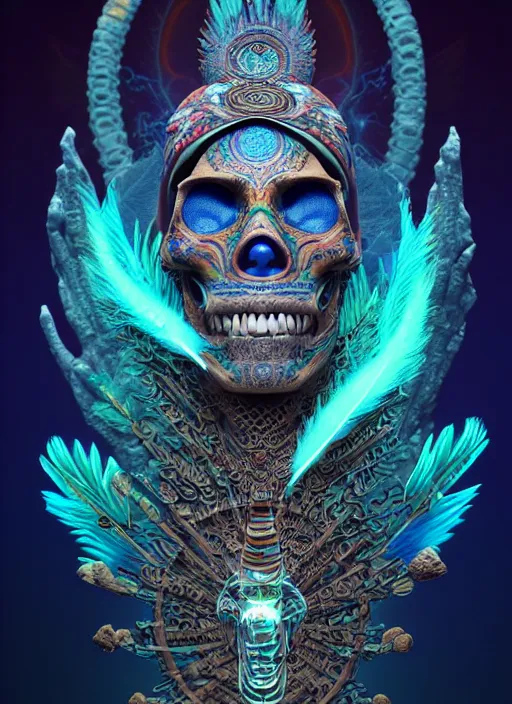 Image similar to 3 d shaman with tattoos profile portrait, sigma 5 0 0 mm f / 5. beautiful intricate highly detailed quetzalcoatl skull and feathers. bioluminescent, plasma, lava, ice, water, wind, creature, thunderstorm! artwork by tooth wu and wlop and beeple and greg rutkowski, 8 k trending on artstation,