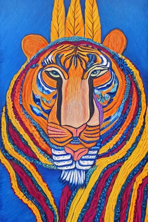 Image similar to an image of a tiger wearing a headdress, a detailed painting by Laurel Burch, pinterest contest winner, psychedelic art, detailed painting, made of beads and yarn, outlined art